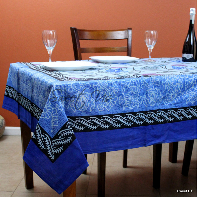 Floral 100% Cotton Tablecloth, Blue, 104" L x 70" W