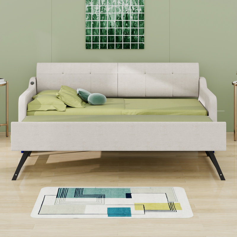 Upholstery Daybed With Trundle And USB Charging Design,Trundle Can Be Flat Or Erected, Beige