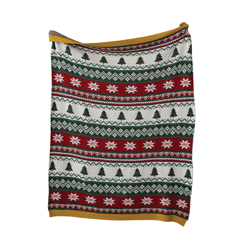Heirloom Cotton Knit Throw with Festive Trees and Stripes