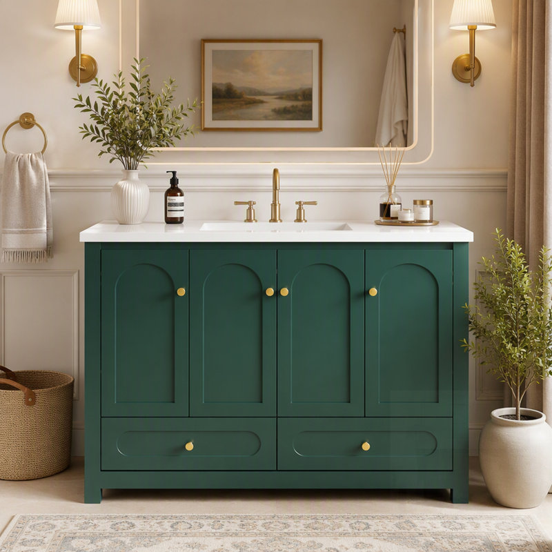 Meuble-lavabo de salle de bain avec lavabo en résine, armoire de rangement abondante - 4 portes à fermeture douce et 2 tiroirs