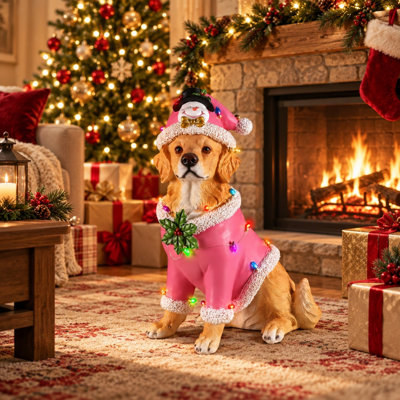 Statue de Noël Golden Retriever en tenue de père Noël rose, figurine de chien de vacances de 20 pouces