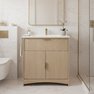 Meuble-lavabo moderne de 30 po avec lavabo en céramique, meuble-lavabo encastré cannelé, 2 portes et 1 tiroir, meuble de rangement autoportant avec tablette en U réglable, installation facile