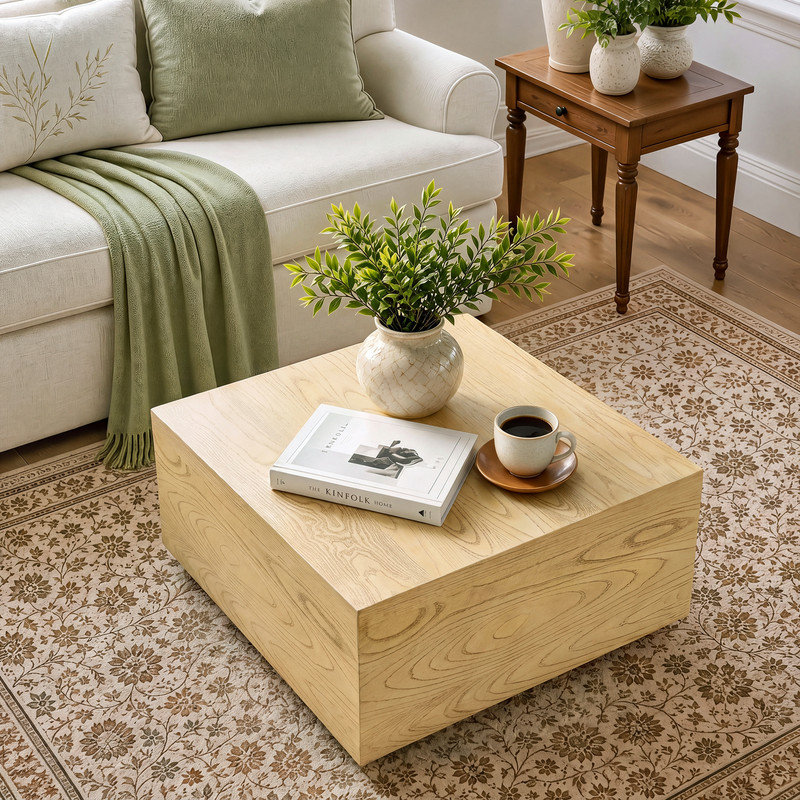 Table basse carrée moderne d'intérieur en béton, 71 cm (28 po), chêne naturel, pour salon, Natural Oak