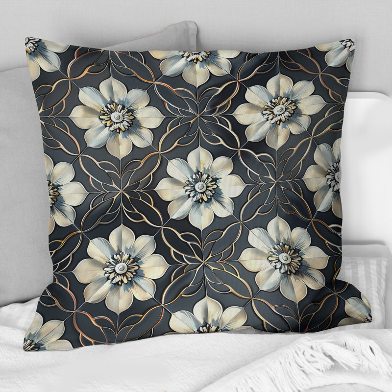 Carreaux floraux gris I - coussin décoratif traditionnel, H 16 po x l 16 po