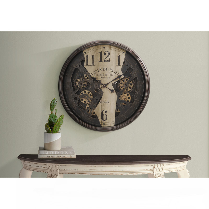 Horloge, horloge murale ronde 30 po, mécanisme d'engrenage, brun, transitionnel