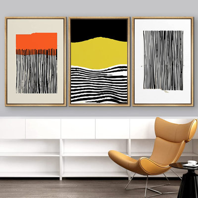 Abstract Vibrant Color Blocks Black/Yellow Line Art Abstract Boho Framed Canvas 3 Pieces Print Wall Art