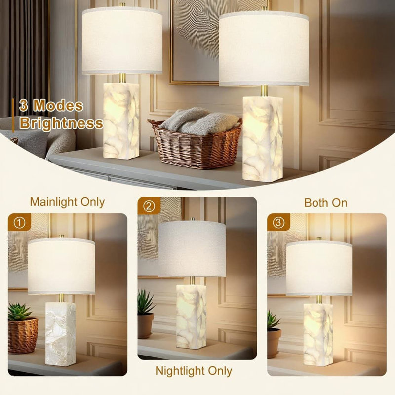 Scenekoy Natural Alabaster Table Lamp Set Of 2 With Integrated Night Light, 23-Inch Modern Bedside Lamp With Linen Shade For Bedroom, Living Room, Or Office