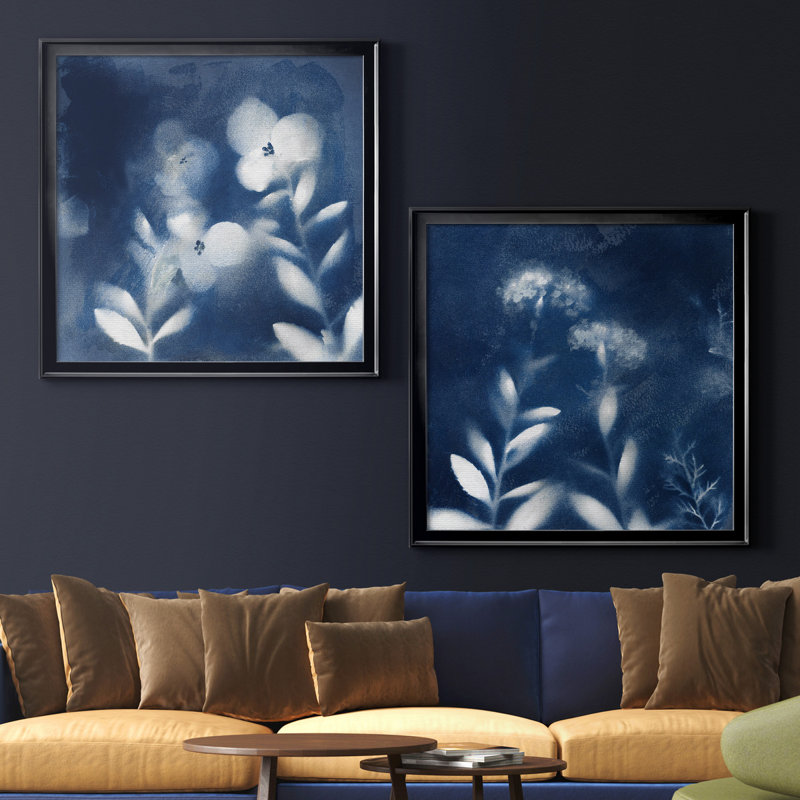 «Nature's Indigo I», ensemble de 2 reproductions d'art encadrées, H 17,5 po x l 35 po x P 1,5 po, Toile avec cadre noir