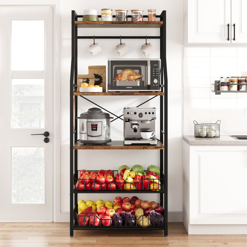 Kitchen Bakers Rack, Microwave Oven Stand with 2 Large Wire Basket, Industrial Coffee Bar Station, 5-Tier Kitchen Utility Storage Shelf with 8 Hooks for Spice, Pots Organizer