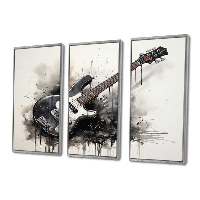 «Brown Charcoal Guitare Vibations II», art mural musique, H 40 po x l 60 po, Cadre argenté flottant