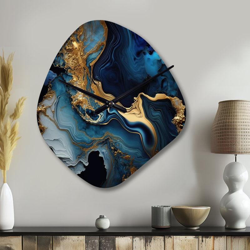 «Abstract Geode Marble Blue III», horloge murale asymétrique moderne en métal, impression d'horloge murale bleue, Petit