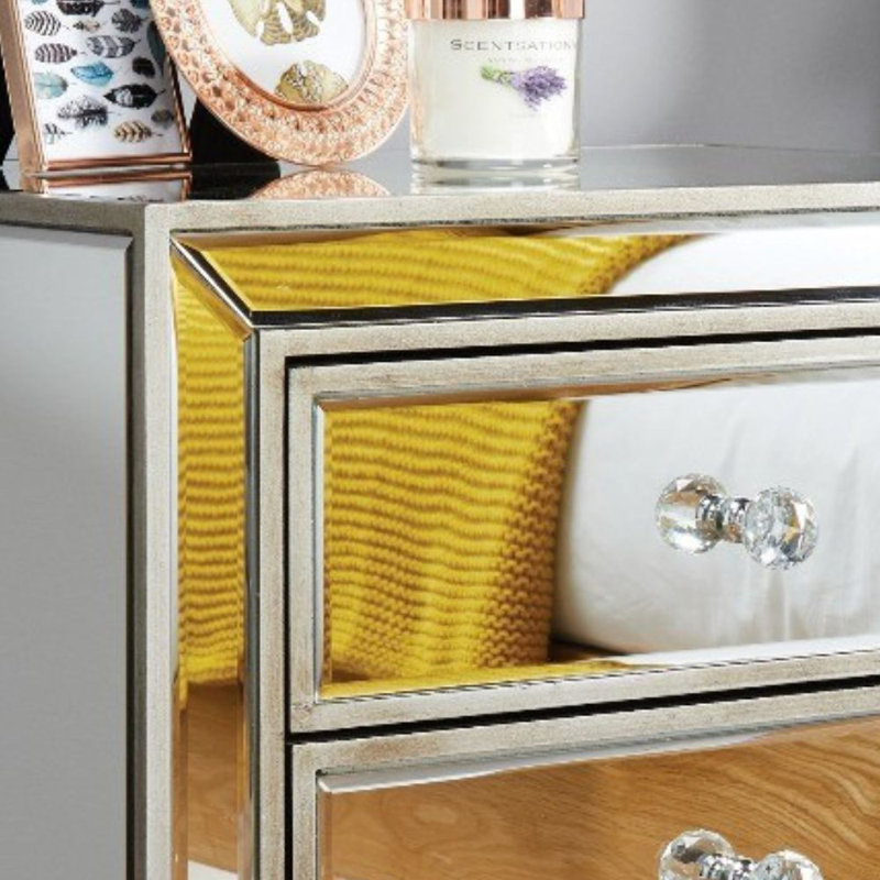 Quinton Mirror and Glass Bedside Table 3 Drawers Modern Design