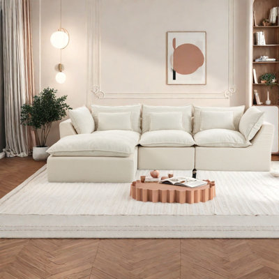 Grand canapé modulable, canapé d'angle 3 places en tissu de coton avec pouf, style moderne