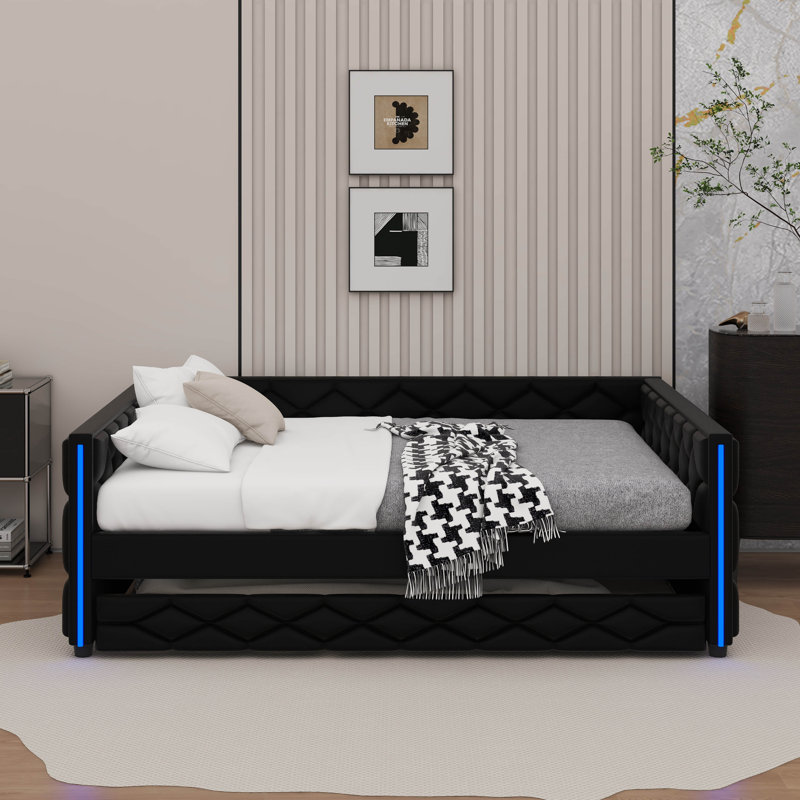 Full XL Size Upholstered Daybed With Trundle And LED, Black