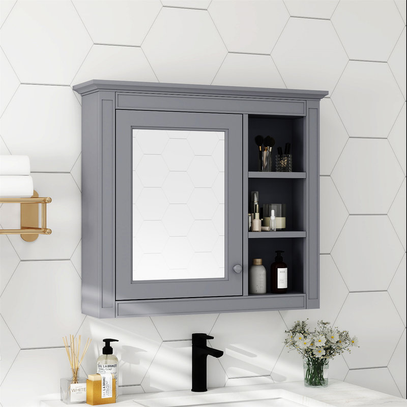 30"W Wall Mounted Bathroom Medicine Cabinet With Mirror, Navy