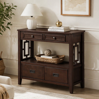 36'' Farmhouse Pine Wood Console Table Entry Sofa Table with 4 Drawers & 1 Storage Shelf for Entryway Living Room Bedroom Hallway Kitchen (Light Espreso)