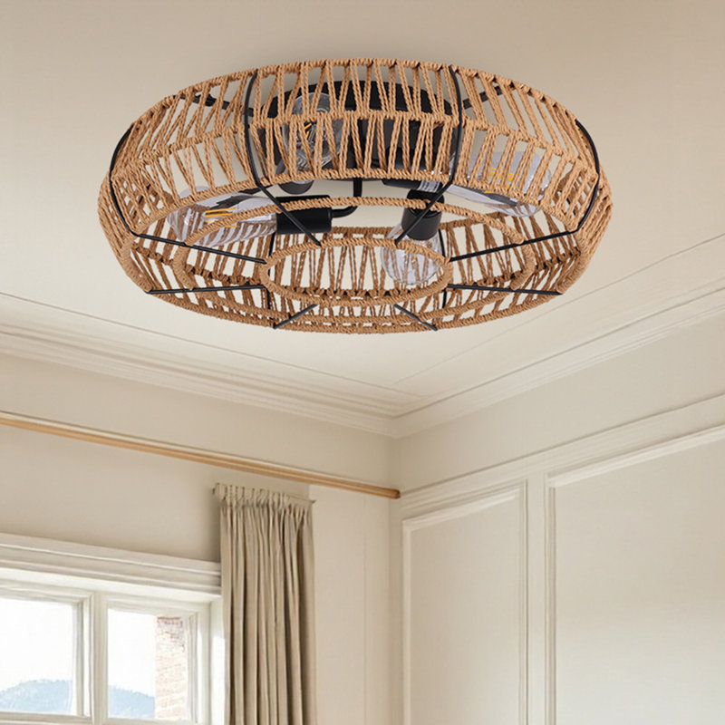 19" 4-light Matte Black Bohemian Semi-flush Mount Ceiling Light with Natural Rattan Shade, Farmhouse Fixture for Living Room & Bedroom