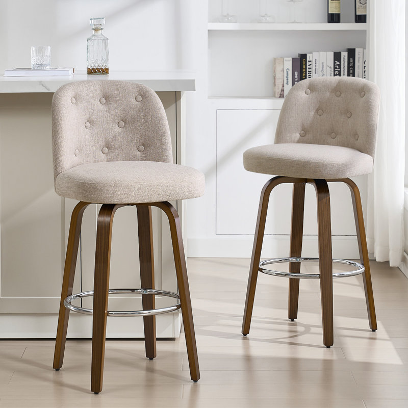 65CM Seat Height Swivel Upholstered Counter Stool with Solid Wood Frame(Set of 2), Milky Brown