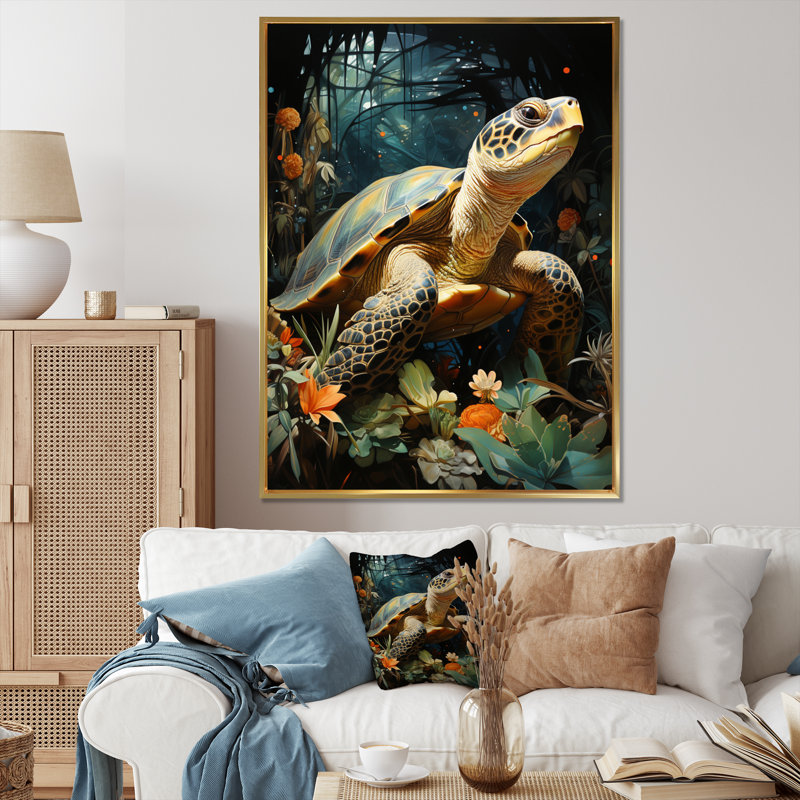 «Turtle Tranquility In The Ocean III», reproduction d'art sur toile, 20" H x 12" W, Cadre flottant doré