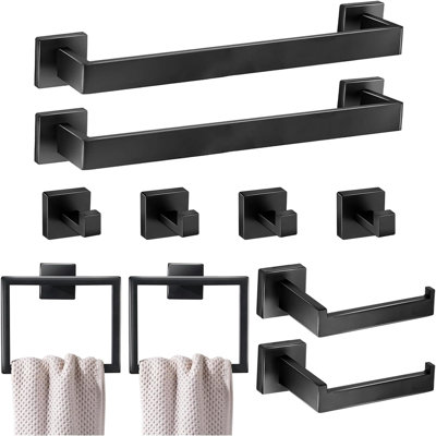 Matte Black Bathroom Hardware Accessories Set - 16 Inch Towel Bar, Toilet Paper Holders, Towel Rings, Coat Hooks