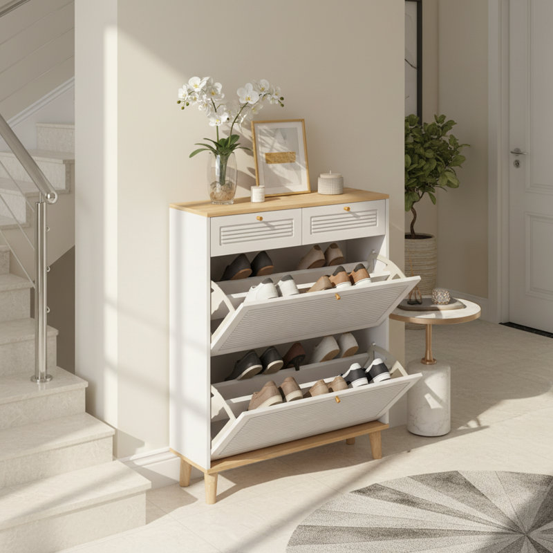 Modern Narrow Shoe Cabinet with Flip Doors and Drawer Storage for Entryway, 31.5" Wide Space-Saving Shoe Organizer