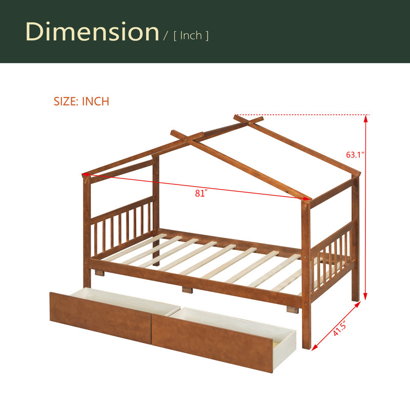 Lit simple en bois avec tiroirs, Noyer, Lit simple