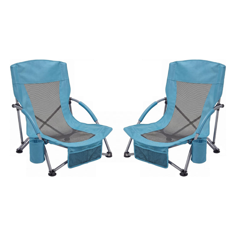 2 pcs Folding Low Beach Chair for Adults – Portable Lightweight Outdoor Chair with Cup Holder, Side Pocket & Carry Bag – Extra Wide Seat for Beach, Camping, Travel
