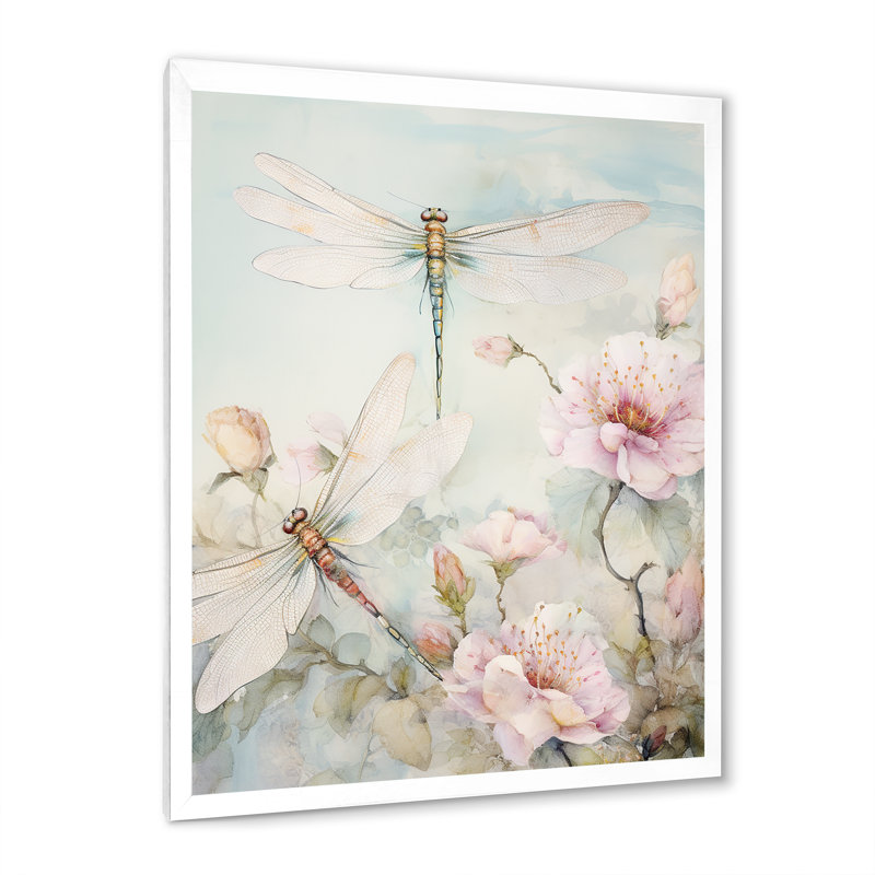 Illustration rose rétro de libellules, 32" H x 24" W, Cadre photo blanc