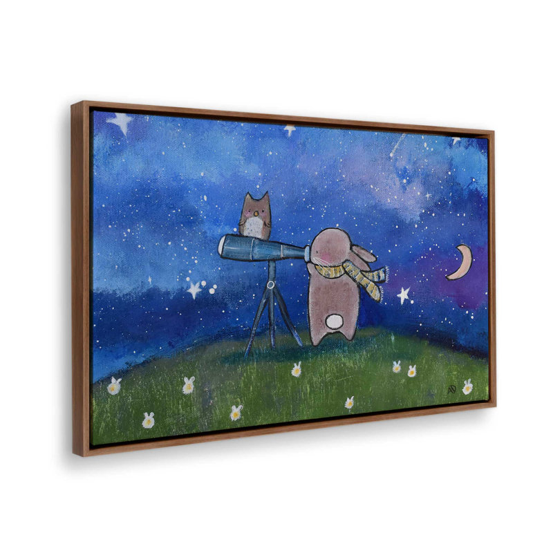 Nuit des lapins aux étoiles, H 9 po x l 11 po, Toile avec cadre, Noyer