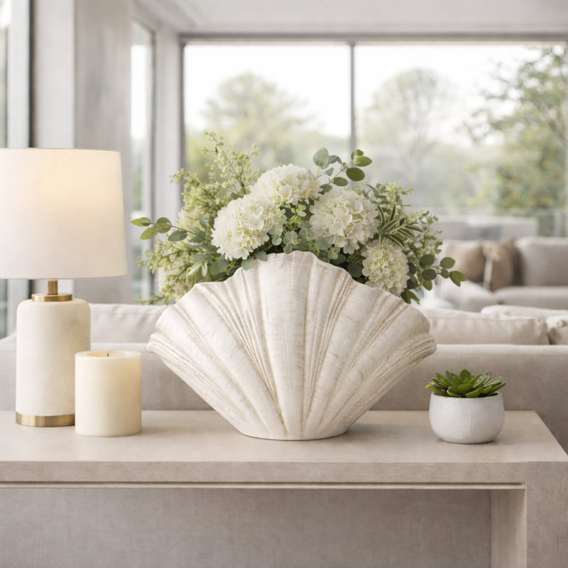 Decorative Scallop Shell Figurine Object for Home Decor - Coastal Modern Sculpture for Office, Table Decorations or Living Room - 22", White
