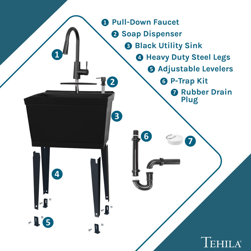 19-Gallon Standard Freestanding Black Utility Sink with Black Finish High-Arc Pull-Down Faucet, Black