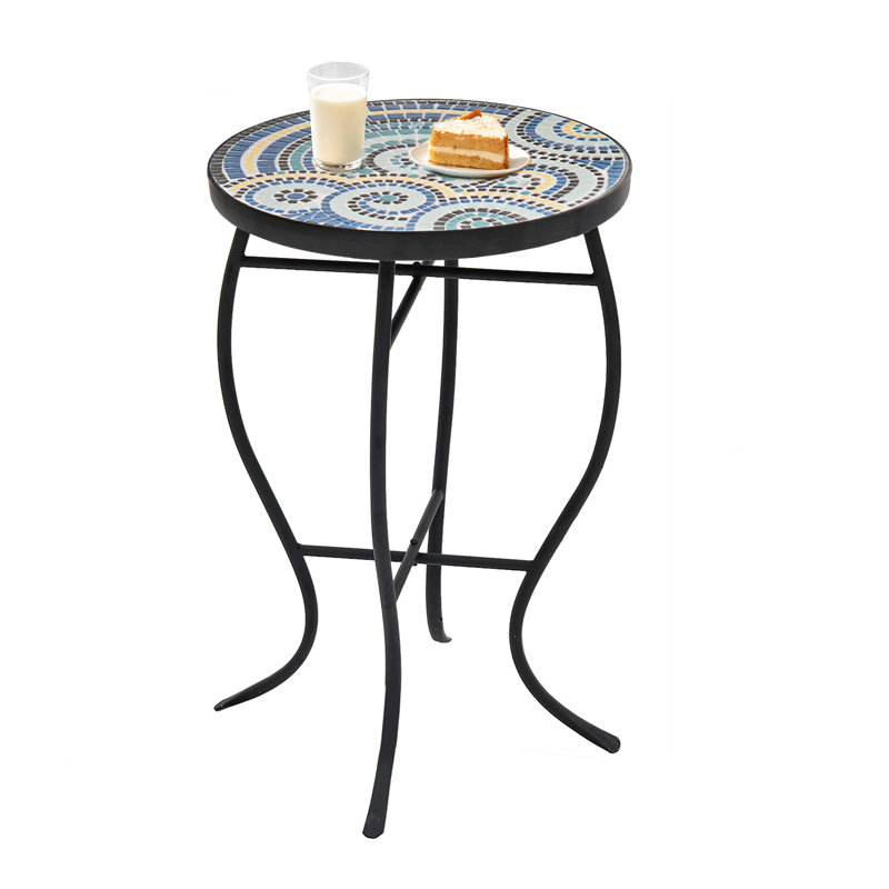 Table d'appoint extérieure en métal 22 po avec plateau en mosaïque, table basse en fer pour jardin ou bistro, volutes bleu rétro