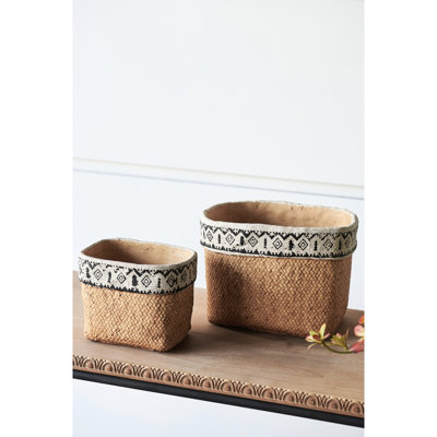 Geometric Trim Brown Multi Rectangular Basket Planters Of 2 Cement For Indoors Or Outdoors Use, L:10.4X8.7X7.9 S:7.3X5.5X5.9 Inches, 12.1 Lbs Decor,