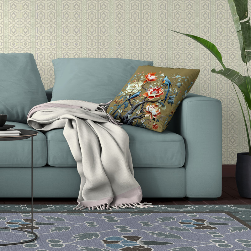 Botanical Bird Reversible Square Throw Pillow in Blue and Orange