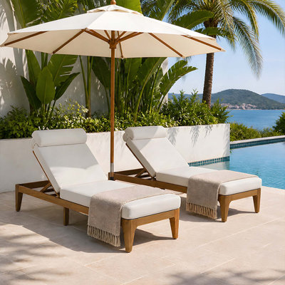 2PCS Acacia Wood Recliner Sun Chaise Lounge with Adjustable Backrest and Head Pillow for Poolside, Backyard, Garden