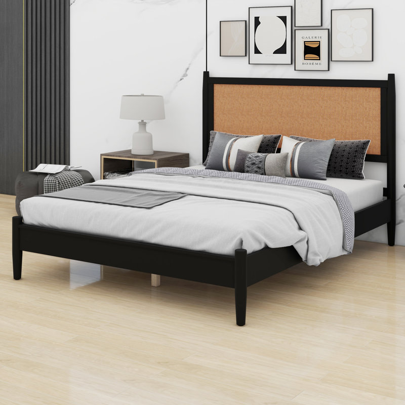 Cadre de lit plateforme avec tête de lit tressée, support renforcé et style bohème côtier, Grand lit, Black