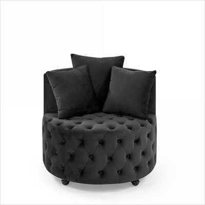 Velvet Upholstered Button Tufted Swivel Chair with Caster Wheels, 3 Included Pillows, 250 LBS Capacity for Living Room Bedroom Home Office | Black | Foam
