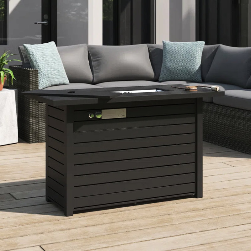 42" W Steel Outdoor Fire Pit Table With Lid, 25" H, Black, Modern, Adjustable Flame, Stainless Level