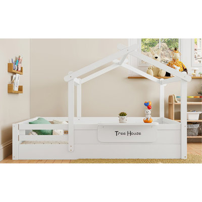 Full Size Floor Bed With Guardrails And Roof, Kids House Floor Bed With A Small Built-In Tray And Free-Installed Signboard, Childlike Design, White