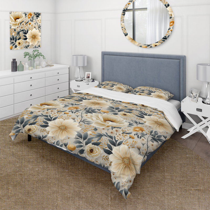 Literie neutre à motif de fleurs bohème beige, Housse de couette pour très grand lit et 2 très