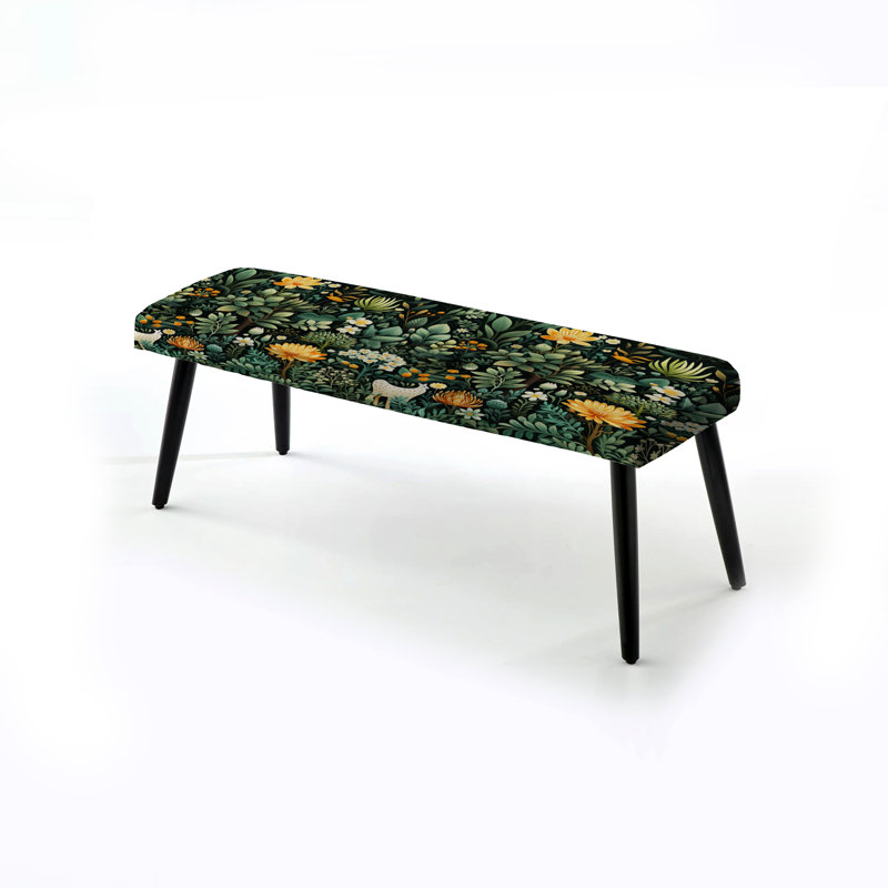 Floral Upholstered Black Bench, Lacon Botanical Cartoon Jungle Animal
