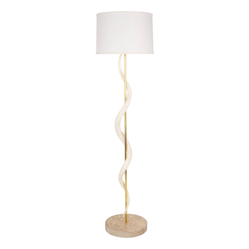 Polished African Inner Horn Floor Lamp w/ Brass & Cream Cow Accents
