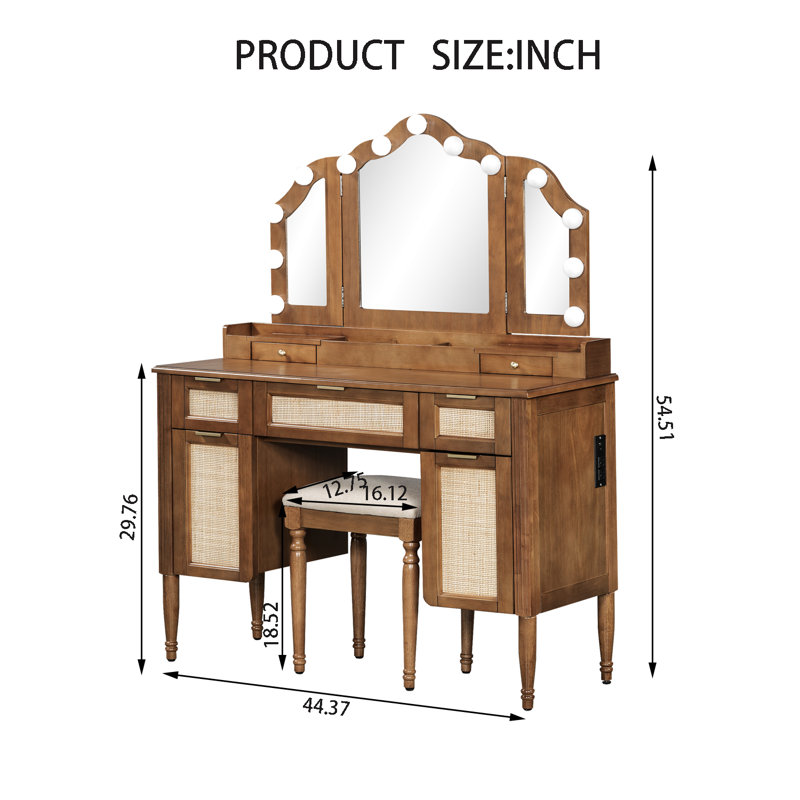 Bureau de maquillage avec 13 ampoules Hollywood et 3 modes d'éclairage, Espresso