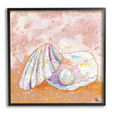 Stupell Industries Collaged Clam Shell Pearl Mixed Speckled Ephemera By Lisa Morales - Floater Frame Painting Print On In Midnight Black Framed Giclee