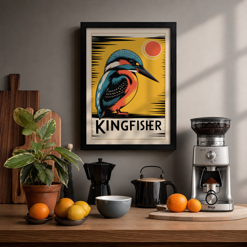 Kingfisher Sun Art Deco - Framed Print, A4 - 29.7 x 21.0 cm, Black