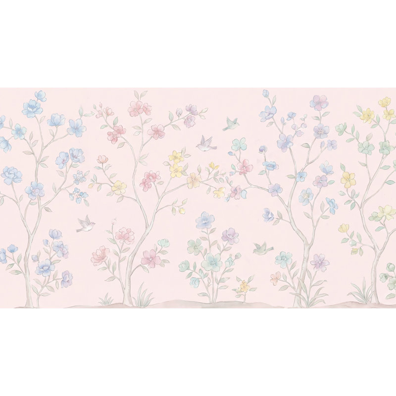 Papier peint floral pastel oiseaux de jardin, 100 po x 96 po, Non-Woven Nonpasted