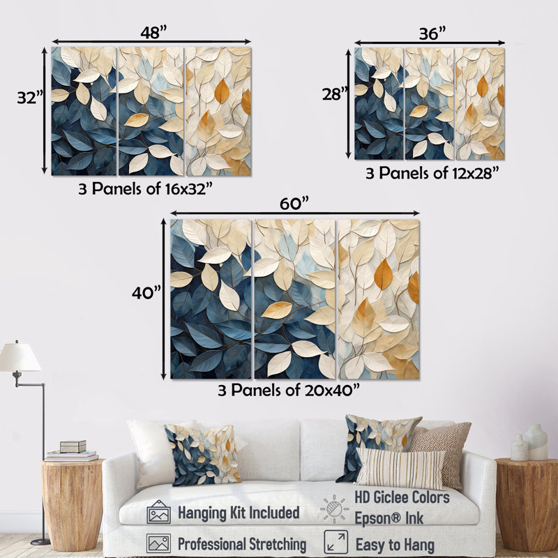 Milner - ensemble de reproductions d'art mural feuilles, H 28 po x l 36 po x P 1 po, Toile tendue