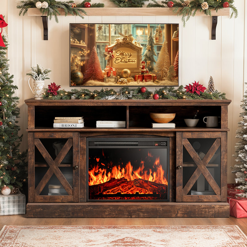 Jinora 56.3'' W Manufactured Wood TV Stand with Electric Fireplace, Brown