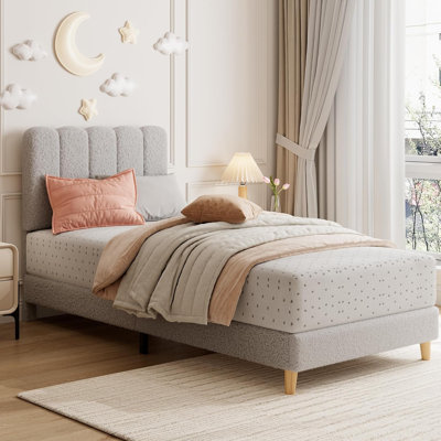 Soft Upholstered Twin Platform Bed Frame with Crystal Tufted Headboard for Girls, Noise-Free Wooden Slat Support, Low Profile, No Box Spring Required & Fast Easy Assembly, Light Grey