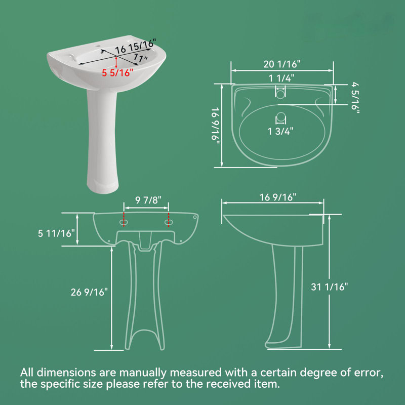 32" Tall White U-Shaped Vitreous China Pedestal Bathroom Sink with Overflow